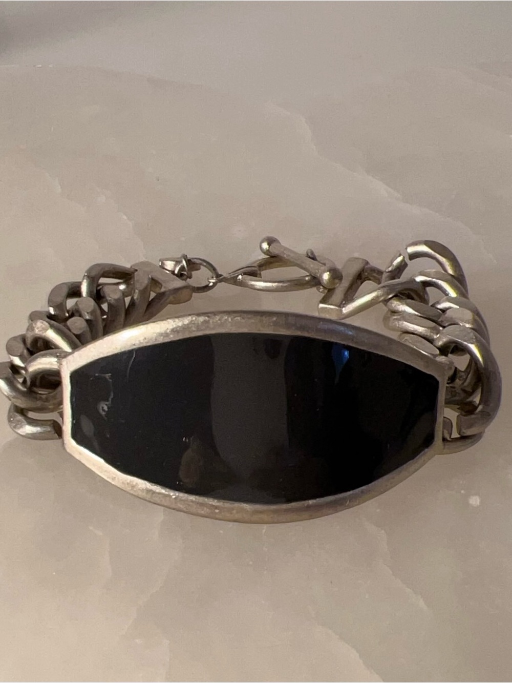 LOFT dark grey silver chunky toggle ID bracelet with Black oval centerpiece